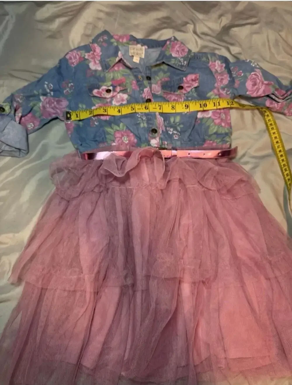 Pink & Violet Girls Floral Print Denim Bodice Tulle Tutu Dress w/ Metallic Belt